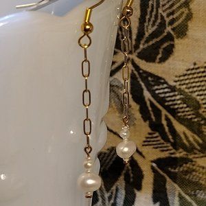 🖐 Long Fresh Water Pearl Dangle Wire Earrings
